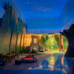 Split Rock Studios Exhibit at Great River Children's Museum. A children's exhibit scene with a cabin, trees, and campfire under a night sky.